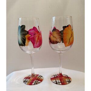 Pier 1 Hand Painted Wine Glasses 9" Tall with Leaves Set of 2 New